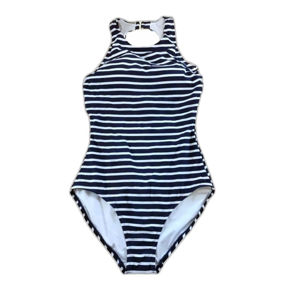 Lands End Navy Stripe High Neck UPF 50 Open Back Keyhole 1pc Swimsuit Women's S - Picture 1 of 10